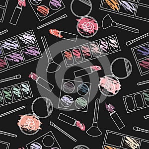 Makeup. Seamless pattern. Makeup kit. Lipstick, eye shadow, blush, lip print, kisses, swatch. Line art.