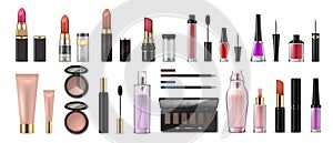 Makeup set. Realistic cosmetic products, glossy lipsticks, pencils, shadows, highlighters and artist tools. Vector 3D photo
