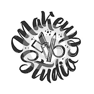 Makeup Studio Vector Logo. Hand Drawn Illustration of cosmetics. Round Lettering illustration