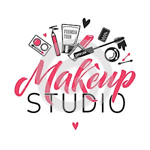 Makeup Studio Vector Logo. Illustration of cosmetics. Lettering illustration