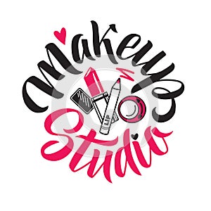 Makeup Studio Vector Logo. Illustration of cosmetics. Round Lettering illustration