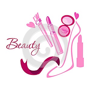 Makeup style beauty logo emblem with lipstick brush powder shoes