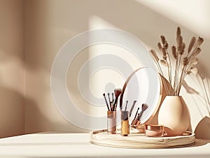 Makeup table with mirror with vase with makeup brushes, powder. gradient background of brown and beige colors