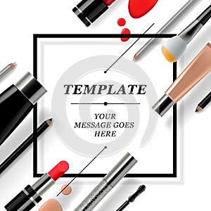 Makeup template with collection of make up cosmetics and accessories