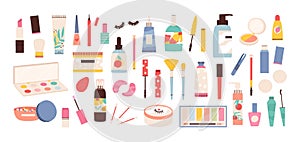 Makeup tools. Beauty cosmetic products in bottles, lipstick, mascara brush, eye shadows, polish and creams. Make up and