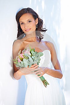 Makeup, wedding and bouquet with portrait of woman at venue for love, celebration and engagement. Ceremony, reception
