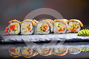 Maki Futomaki Sushi Rolls with eel, egg, unagi sauce. Sushi menu. Japanese food.