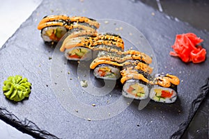 Maki Futomaki Sushi Rolls with eel, egg, unagi sauce. Sushi menu. Japanese food.