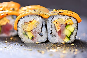 Maki Futomaki Sushi Rolls with eel, egg, unagi sauce. Sushi menu. Japanese food.