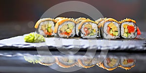 Maki Futomaki Sushi Rolls with eel, egg, unagi sauce. Sushi menu. Japanese food.