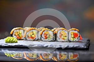 Maki Futomaki Sushi Rolls with eel, egg, unagi sauce. Sushi menu. Japanese food.