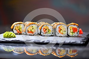 Maki Futomaki Sushi Rolls with eel, egg, unagi sauce. Sushi menu. Japanese food.