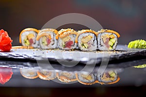 Maki Futomaki Sushi Rolls with eel, egg, unagi sauce. Sushi menu. Japanese food.