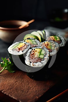 Maki rolls in a row with salmon, avocado, tuna and cucumber on blurred background.