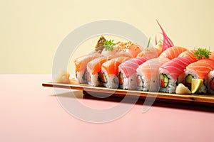 Maki rolls in row with salmon, avocado, tuna, cucumber. Japanese food with sushi roll. Generative AI
