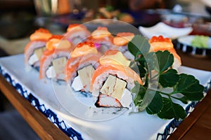 Maki or salmon maki or sushi or salmon rolls, Japanese food or sushi