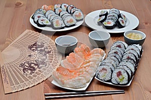 Maki sushi rolls and nigiri sushi japan food on the table