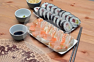 Maki sushi rolls and nigiri sushi japan food on the table