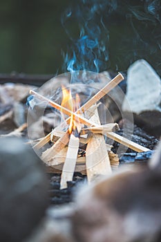 Making a bonfire: Small flame on a camping trip, adventure outdoors