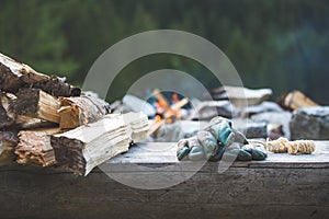 Making a bonfire: Small flame on a camping trip, adventure outdoors