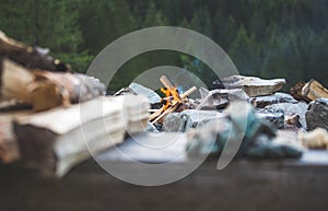 Making a bonfire: Small flame on a camping trip, adventure outdoors