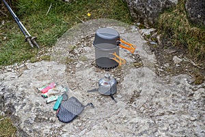 Making a brew on the Pennine Way below Pen-y-Ghent in the Yorkshire Dales