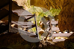 Making of Cabrales blue cheese made by rural dairy farmers in Asturias, Spain