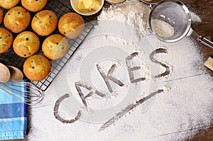 Making cake, ingredients, word written in flour