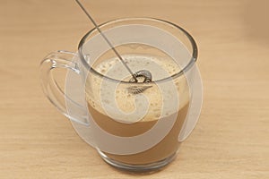 Making cappuccino coffee with a mixer at home
