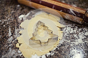 Making Christmas cookies with sugar cookie dough and cookie cutters