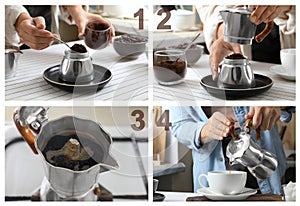 Making coffee with moka pot step-by-step. Collage with photos