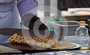 Making crepes, French pancakes at farmers market