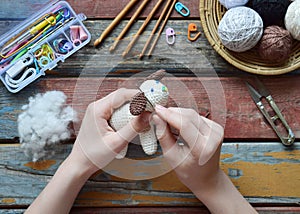 Making crochet white dog. Toy for babies or trinket.  On the table threads, needles, hook, cotton yarn. Handmade gift. Income from