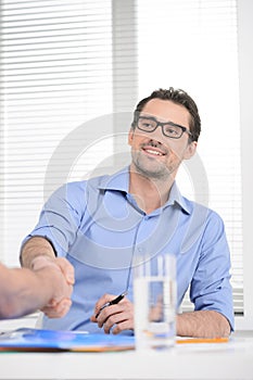 Making a deal. Young cheerful businessman shaking his business p