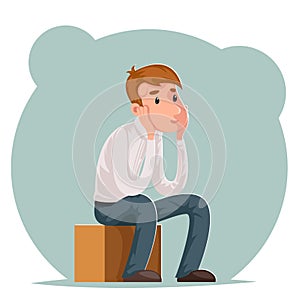 Making decision pensive businessman sits on box think character icon cartoon design template vector illustration