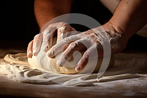 Making dough by hands on sprinkled with flour on wooden table background