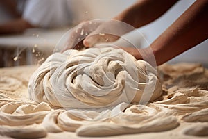 Making dough by hands on sprinkled with flour on wooden table background