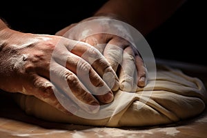 Making dough by hands on sprinkled with flour on wooden table background