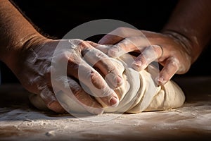 Making dough by hands on sprinkled with flour on wooden table background