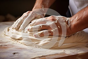 Making dough by hands on sprinkled with flour on wooden table background