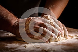 Making dough by hands on sprinkled with flour on wooden table background