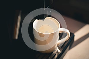 Empty white cup in coffee machine