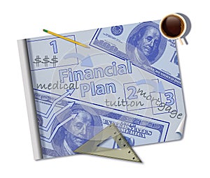 Making a financial plan is illustrated with a mock blueprint of a financial plan with coffee, ruler, pencil and notes