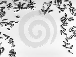 Making a frame out of sunflower seeds with empty white space background underneath presenting a healthy diet