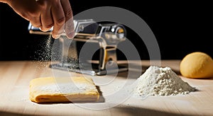 Making Fresh Pasta Hand Sprinkling Flour onto Dough with Machine and Ingredients
