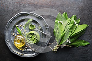 Making Fresh ramson or wild garlic pesto