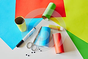 Making funny creatures from toilet paper roll tube and colorful paper