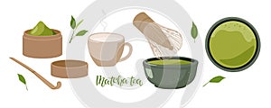 Making green tea matcha. Set with matcha attributes. Open Bamboo tea Canisters full Powdered Matcha Green Tea, spoon