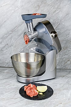 Making ground meat in modern food processor with the meat grinder