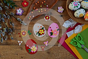 Making of handmade easter eggs from felt with your own hands. Children DIY concept. Making Easter decoration or greeting card